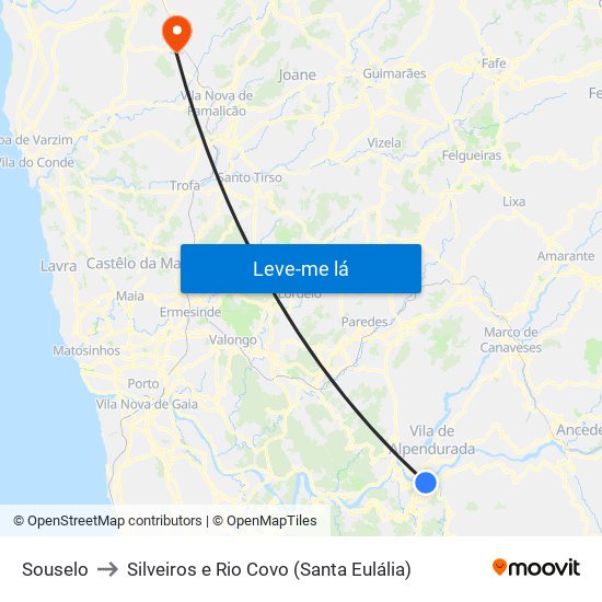 Souselo to Silveiros e Rio Covo (Santa Eulália) map