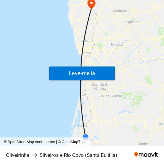 Oliveirinha to Silveiros e Rio Covo (Santa Eulália) map