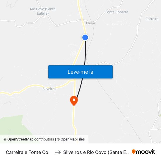 Carreira e Fonte Coberta to Silveiros e Rio Covo (Santa Eulália) map