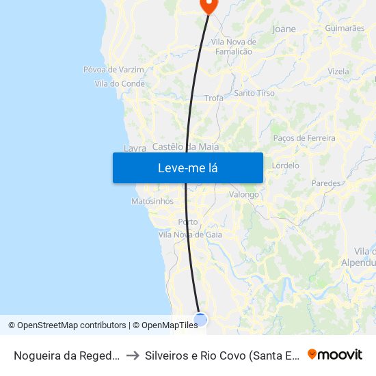 Nogueira da Regedoura to Silveiros e Rio Covo (Santa Eulália) map