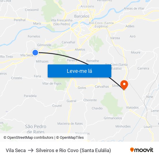 Vila Seca to Silveiros e Rio Covo (Santa Eulália) map