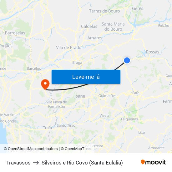 Travassos to Silveiros e Rio Covo (Santa Eulália) map