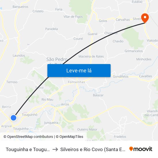 Touguinha e Touguinhó to Silveiros e Rio Covo (Santa Eulália) map