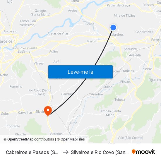 Cabreiros e Passos (São Julião) to Silveiros e Rio Covo (Santa Eulália) map