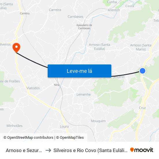 Arnoso e Sezures to Silveiros e Rio Covo (Santa Eulália) map