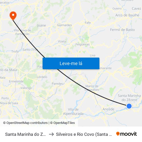 Santa Marinha do Zêzere to Silveiros e Rio Covo (Santa Eulália) map
