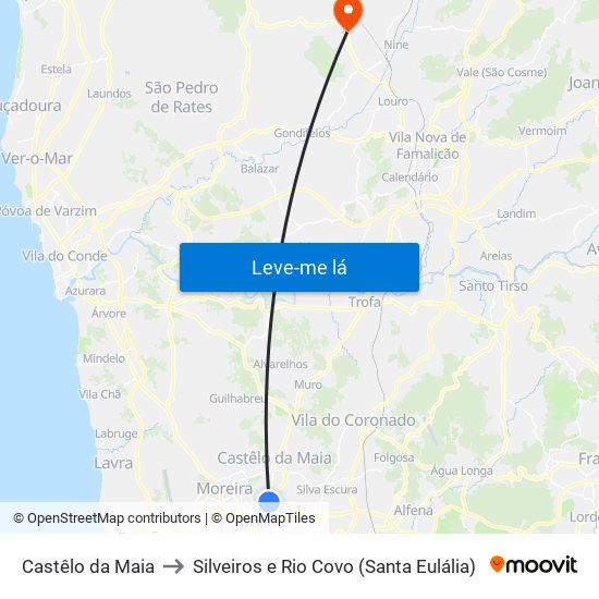 Castêlo da Maia to Silveiros e Rio Covo (Santa Eulália) map