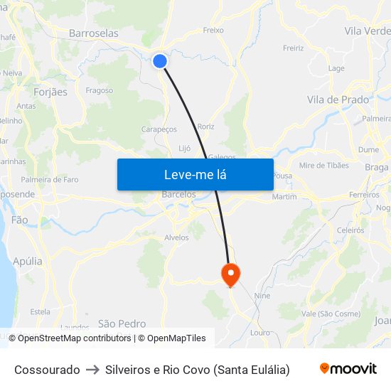 Cossourado to Silveiros e Rio Covo (Santa Eulália) map