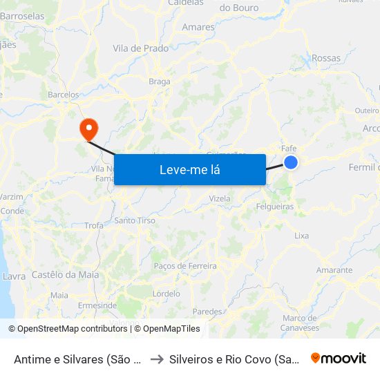 Antime e Silvares (São Clemente) to Silveiros e Rio Covo (Santa Eulália) map