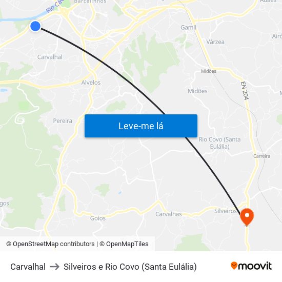 Carvalhal to Silveiros e Rio Covo (Santa Eulália) map