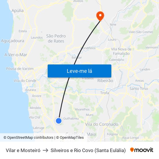 Vilar e Mosteiró to Silveiros e Rio Covo (Santa Eulália) map