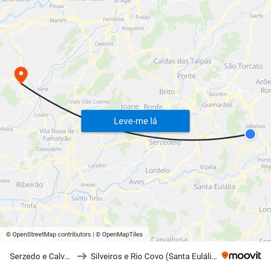 Serzedo e Calvos to Silveiros e Rio Covo (Santa Eulália) map