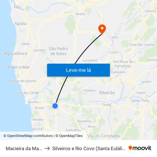 Macieira da Maia to Silveiros e Rio Covo (Santa Eulália) map