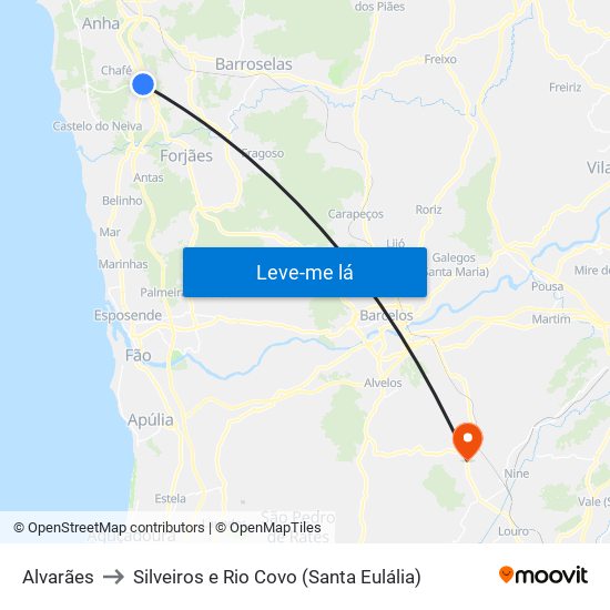 Alvarães to Silveiros e Rio Covo (Santa Eulália) map