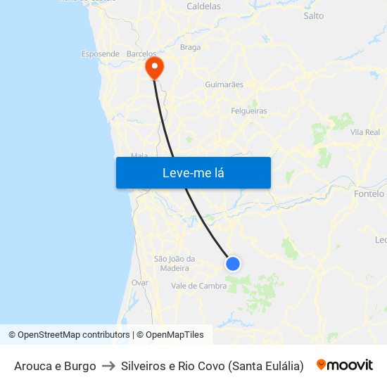 Arouca e Burgo to Silveiros e Rio Covo (Santa Eulália) map