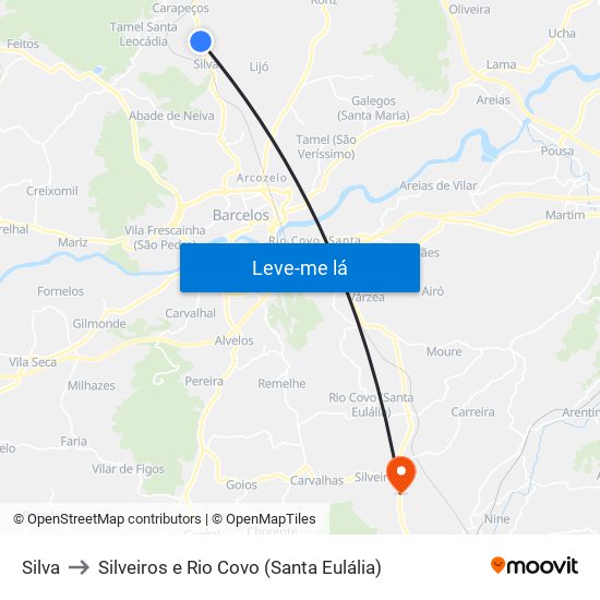Silva to Silveiros e Rio Covo (Santa Eulália) map