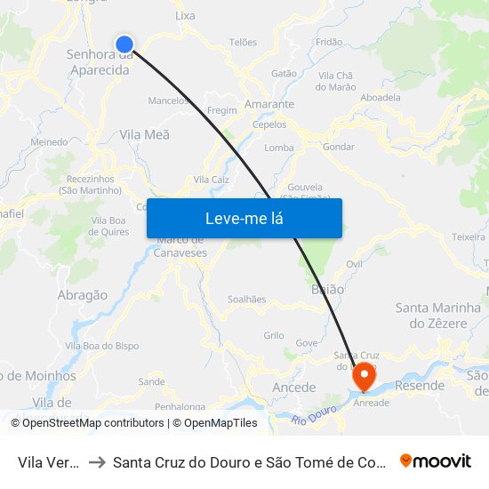 Vila Verde to Santa Cruz do Douro e São Tomé de Covelas map