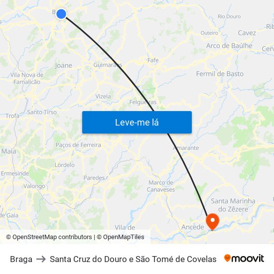 Braga to Santa Cruz do Douro e São Tomé de Covelas map