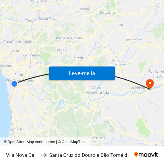 Vila Nova De Gaia to Santa Cruz do Douro e São Tomé de Covelas map