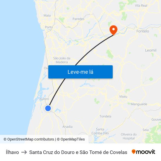 Ílhavo to Santa Cruz do Douro e São Tomé de Covelas map