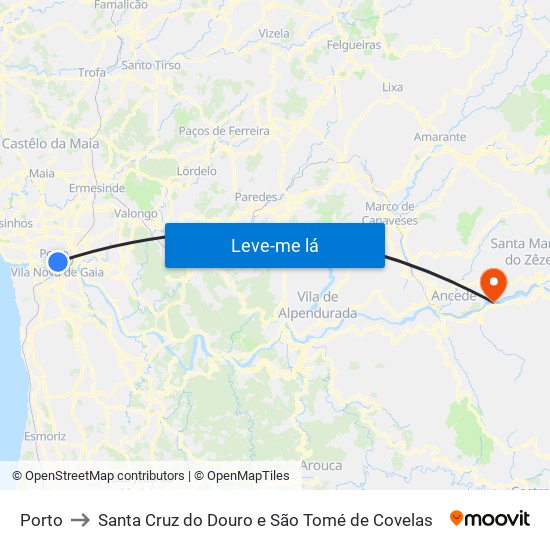 Porto to Santa Cruz do Douro e São Tomé de Covelas map