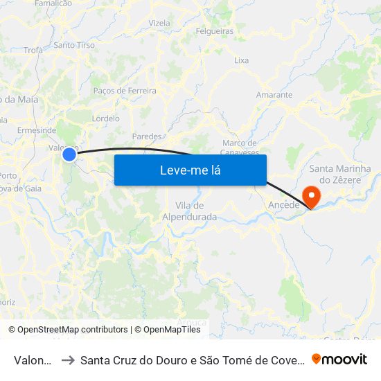 Valongo to Santa Cruz do Douro e São Tomé de Covelas map