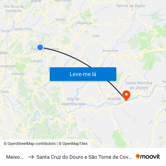 Meixomil to Santa Cruz do Douro e São Tomé de Covelas map