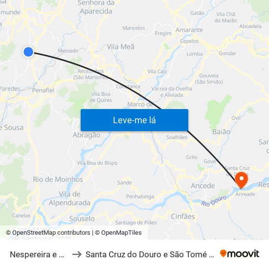Nespereira e Casais to Santa Cruz do Douro e São Tomé de Covelas map
