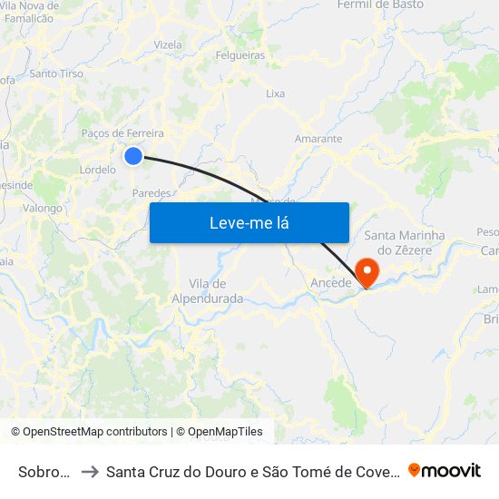 Sobrosa to Santa Cruz do Douro e São Tomé de Covelas map
