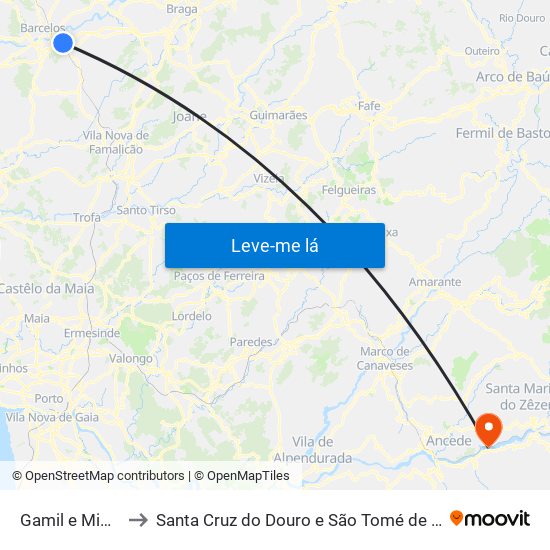 Gamil e Midões to Santa Cruz do Douro e São Tomé de Covelas map