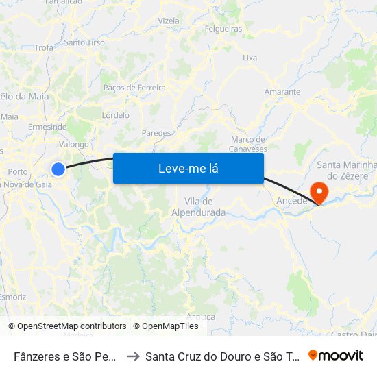 Fânzeres e São Pedro da Cova to Santa Cruz do Douro e São Tomé de Covelas map