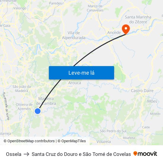 Ossela to Santa Cruz do Douro e São Tomé de Covelas map