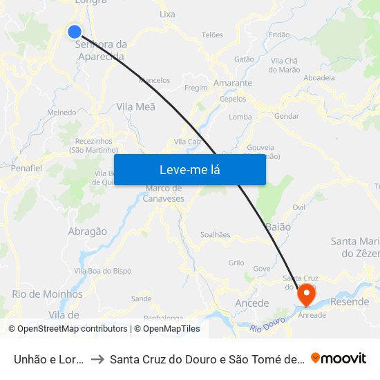 Unhão e Lordelo to Santa Cruz do Douro e São Tomé de Covelas map