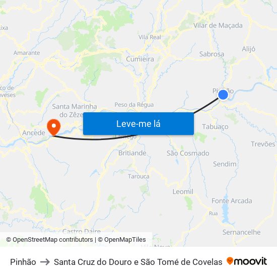 Pinhão to Santa Cruz do Douro e São Tomé de Covelas map