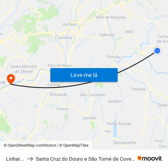 Linhares to Santa Cruz do Douro e São Tomé de Covelas map