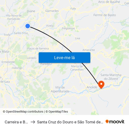 Carreira e Bente to Santa Cruz do Douro e São Tomé de Covelas map