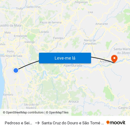 Pedroso e Seixezelo to Santa Cruz do Douro e São Tomé de Covelas map