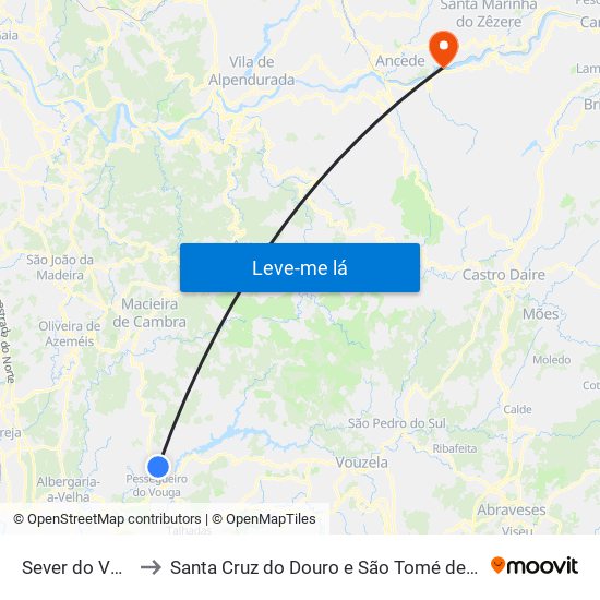 Sever do Vouga to Santa Cruz do Douro e São Tomé de Covelas map