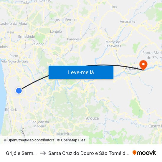 Grijó e Sermonde to Santa Cruz do Douro e São Tomé de Covelas map