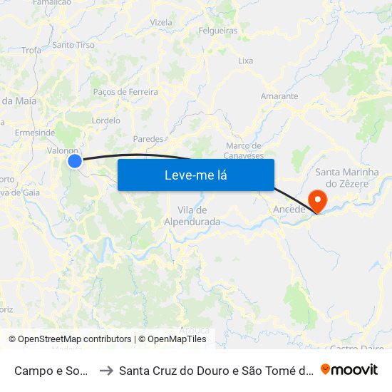 Campo e Sobrado to Santa Cruz do Douro e São Tomé de Covelas map