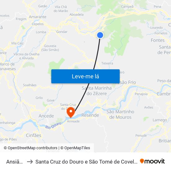 Ansiāes to Santa Cruz do Douro e São Tomé de Covelas map