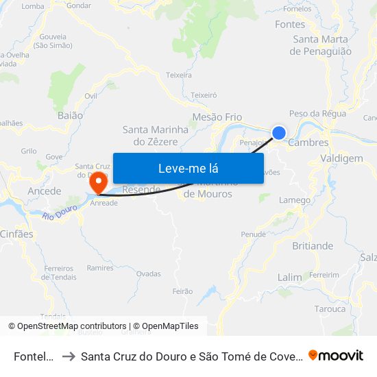 Fontelas to Santa Cruz do Douro e São Tomé de Covelas map