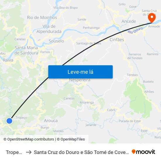 Tropeço to Santa Cruz do Douro e São Tomé de Covelas map