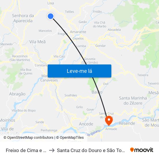 Freixo de Cima e de Baixo to Santa Cruz do Douro e São Tomé de Covelas map