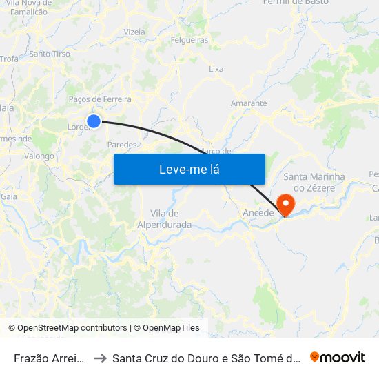 Frazão Arreigada to Santa Cruz do Douro e São Tomé de Covelas map