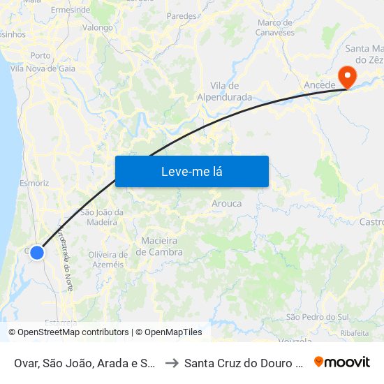Ovar, São João, Arada e São Vicente de Pereira Jusã to Santa Cruz do Douro e São Tomé de Covelas map