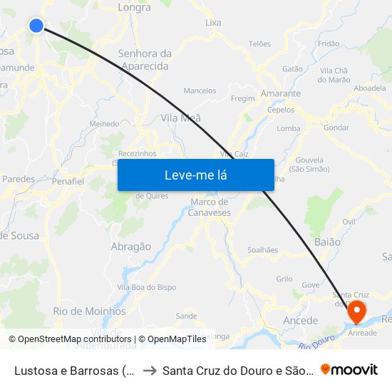 Lustosa e Barrosas (Santo Estêvão) to Santa Cruz do Douro e São Tomé de Covelas map