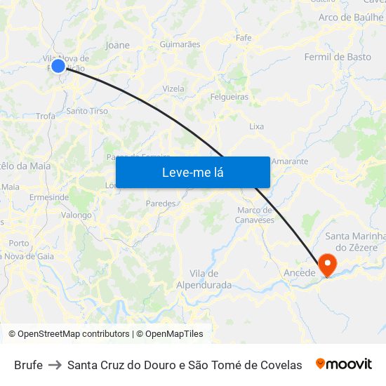 Brufe to Santa Cruz do Douro e São Tomé de Covelas map
