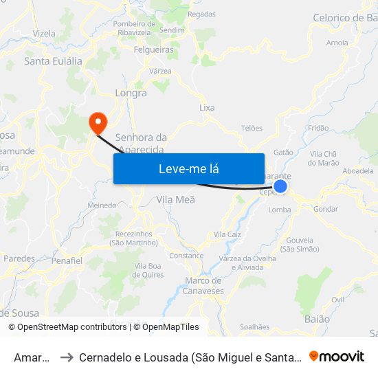 Amarante to Cernadelo e Lousada (São Miguel e Santa Margarida) map