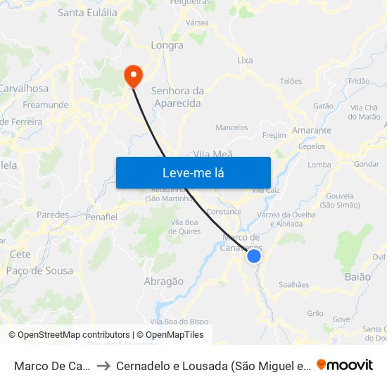Marco De Canaveses to Cernadelo e Lousada (São Miguel e Santa Margarida) map